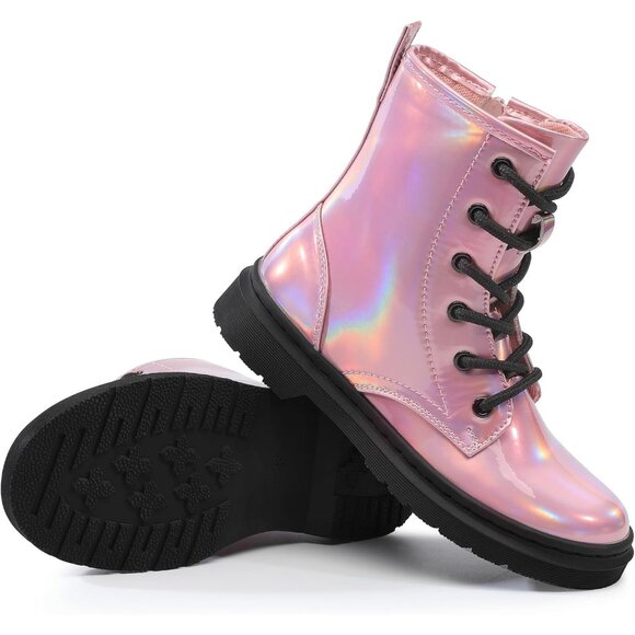 🆕Girls Pink Rubber Ankle Side Zipper Lace Up Stylish Comfort Glitter Boots - Picture 6 of 7